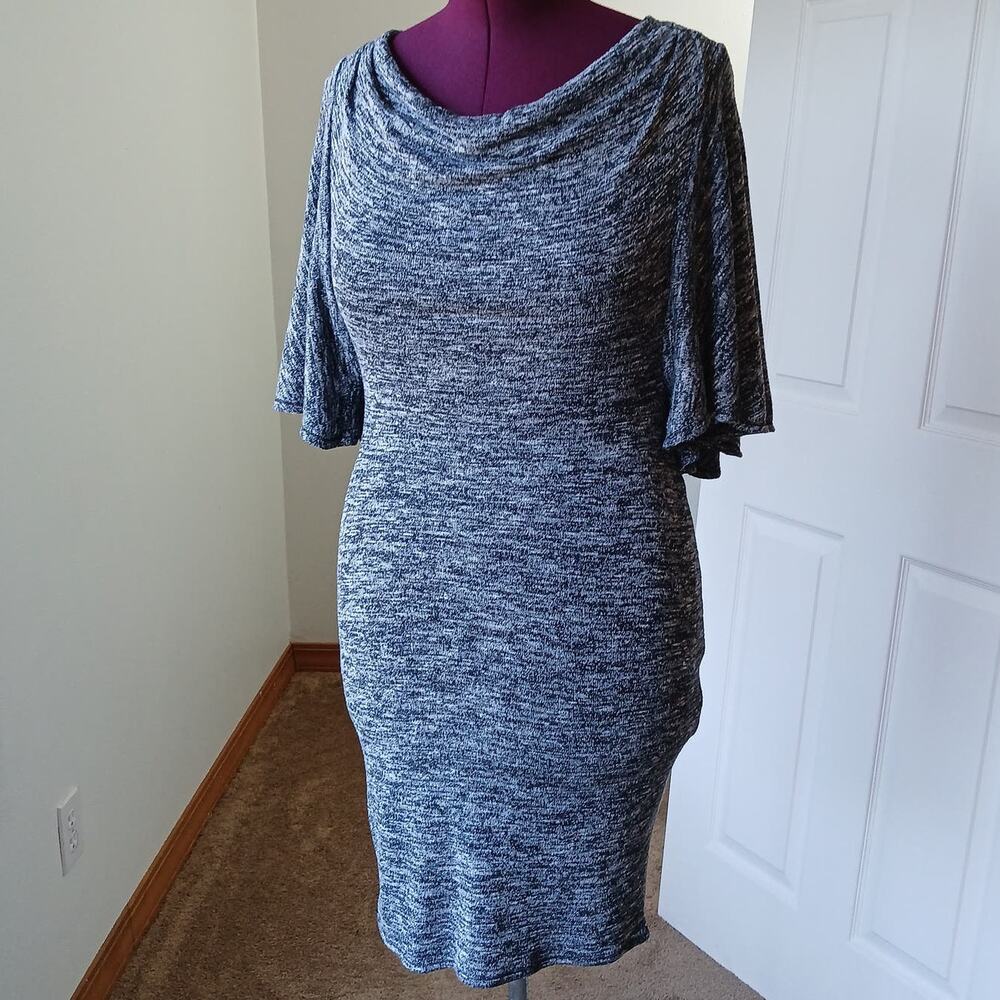 Studio M Grey Heather Sweater Dress L cowl boat neck flutter sleeve bodycon midi